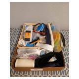 Flat of sewing notions, includes zippers, lint