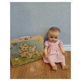 Old, 18in baby doll with cute case full of doll