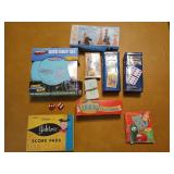 Asst games, dominoes, disc golf set, chess men,