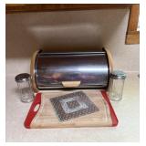 Stainless steel bread box, cutting board, two