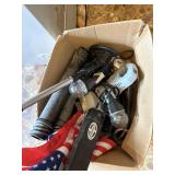Sun Joe leaf blower, electric trimmer, flags on