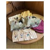 Chicken and rooster table, decor, placemats, and