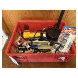 Flashlights, desk lamp, miscellaneous stuff in a