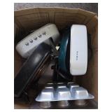 3 boxes of cookware, pans, 2 electric skillets,