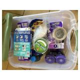 Cleaning supplies in a bin with a lid