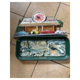 Coca-Cola themed clock and a Coca-Cola tray