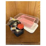 Basket of sewing items and two plastic bins