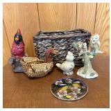 Bird decor and a wicker basket