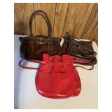 Ladies handbags; (2 brown 1 red) in great shape
