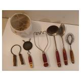 Antique wood handled kitchen utensils, old 6"