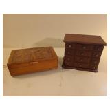 Two wooden jewelry boxes, 3.5 by 6 by 10.5