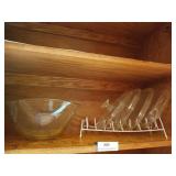 4 CorningWare lids w/ rack, glass serving bowl