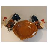Serving bowl 12" & ceramic roosters