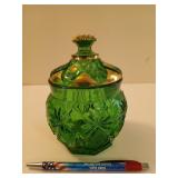 Green cut glass candy dish w/ lid