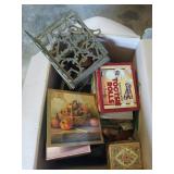 Box & plastic tub of assorted home decor lovelies