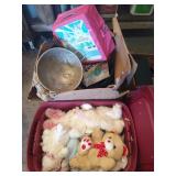 3 boxes, 1 tote of stuffed animals, baby dolls,