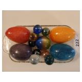 Glass tray of asst marbles / stone eggs
