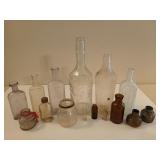 Old glass bottles, McNess nutmeg shaker, S&P