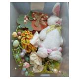 Plastic tub of assorted Easter decor, plastic tub