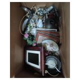 2 boxes of asst home decor, picture frames, wax