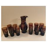 Amethyst cut glass pitcher & 11 glasses