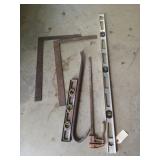 Levels, crow bar, 24" bar clamp, framing squares