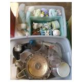 4 plastic totes of kitchen wares, Easter decor,