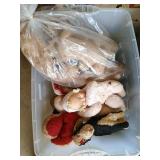 3 plastic totes of old stuffed animals, books,