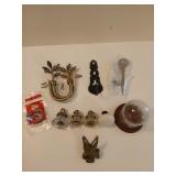 Glass, porcelain door knobs; brass eagle clip, etc