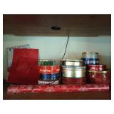 Asst Christmas tins, wrapping paper, gift bags,