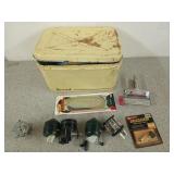 Old bread box turned tackle box w/ reels, fishing