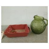 Green glass pitcher 9", glazed baking dish