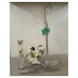 2 glass vases, stainless serving items, flower