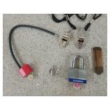 3 asst locks w/ keys, 2 whistles, antique ruler