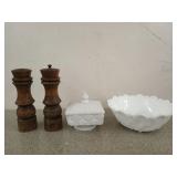 Milk glass bowl, candy dish,  pepper grinder,