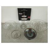 Glass serving bowls, silver plate servers