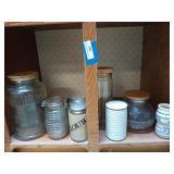 Asst canisters, 2 Marshall pottery candle holders,