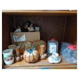 Asst christmas, fall decor, glass water jugs,