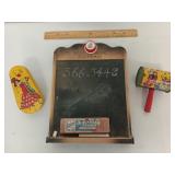 Antique chalk board, toys