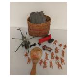 Old toys, train track, cowboy figurines