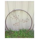Old wagon wheel with metal tree art, 52 in