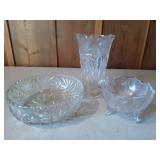 Cut glass vase 9"; 9" bowl, footed bowl