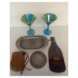 Pair of hand decorated stemware glasses, pewter