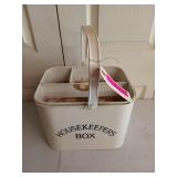 Metal "housekeepers box" with tray, 9x12x9 in