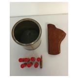7 rds 12 ga, 1 rd .308, leather pistol holster,