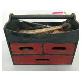 Wood tool caddy w/ hammer, asst bore brushes