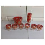 Red with gold Paisley liquor set, with six glasses