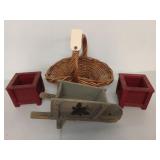 Basket, small wood planters, wooden wheelbarrow
