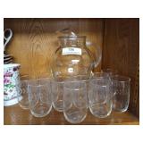 Etched glass pitcher, 10 glasses