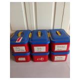 6 sterilite craft bins full of crafting items,